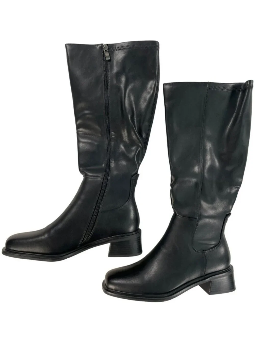 QIY Knee High Black Leather Riding Boots Block Side Zipper Women's Size 9 NEW